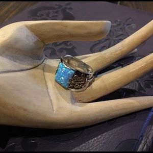 Sterling Silver Ring with Lab Opal and 14k Accents